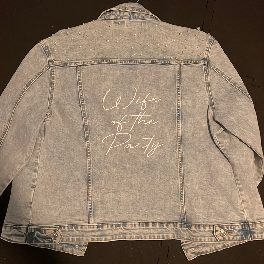 Wife of the party Jean jacket with studded pearls.